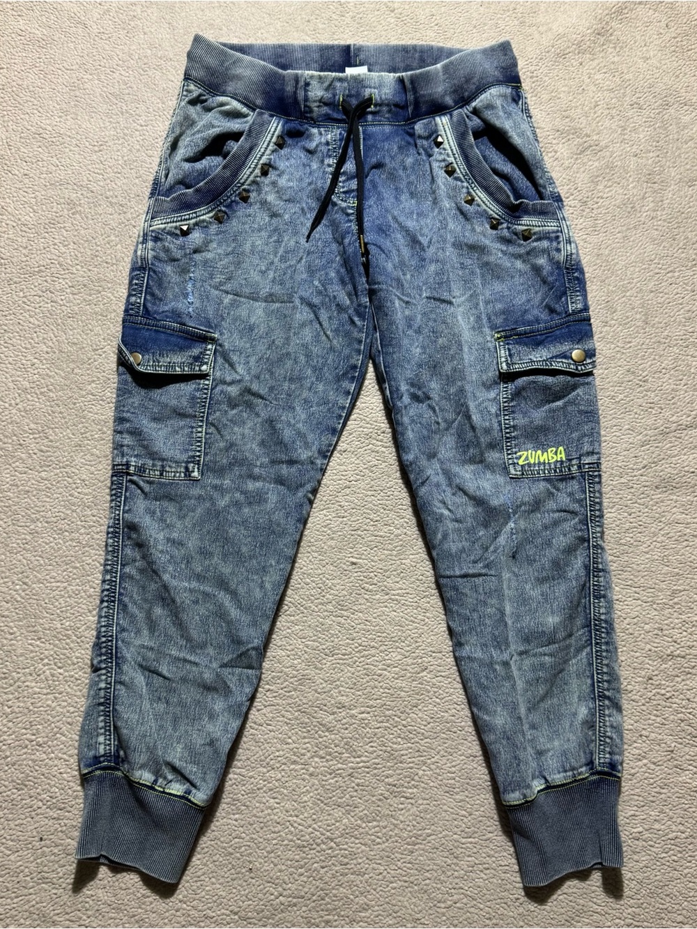 Zumba Wear Pants Womens Medium Get Faded Denim Dance Cargo Light Wash Studded